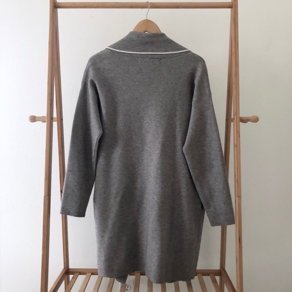 Zara Knit Women's S Gray White Trim Open Front Long Cardigan Jacket Pockets - Picture 2 of 5